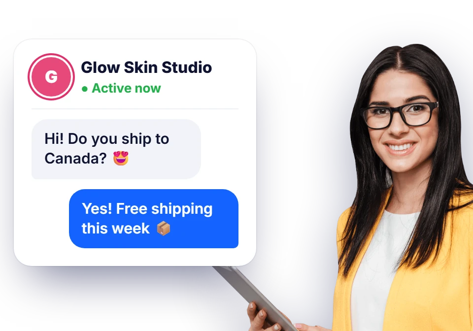 Woman with a tablet next to a customer messaging a brand and the brand replying