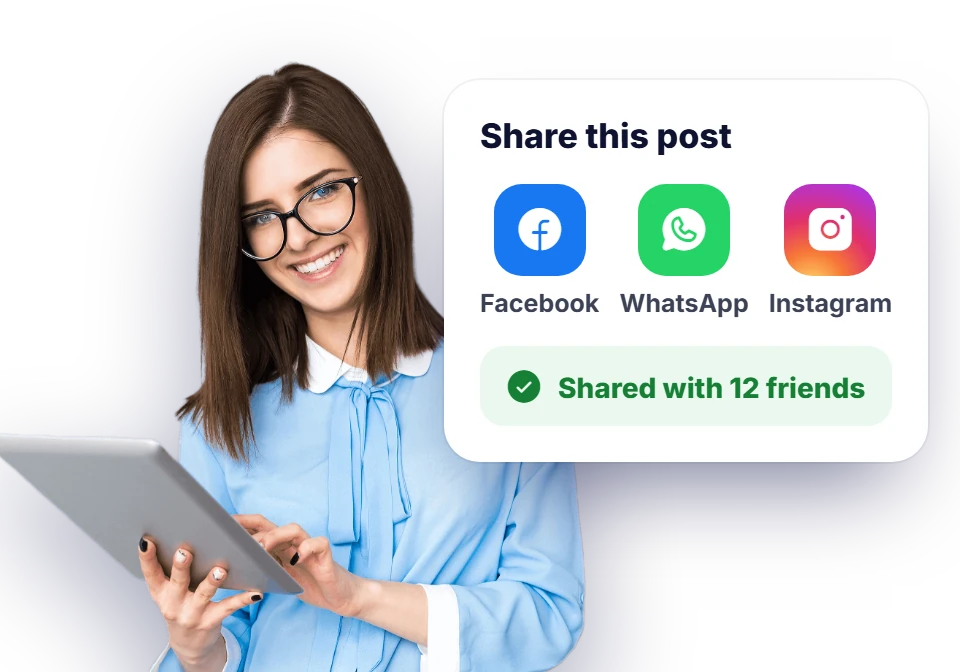 Woman with a tablet next to a share sheet: post shared with 12 friends on Facebook, WhatsApp and Instagram