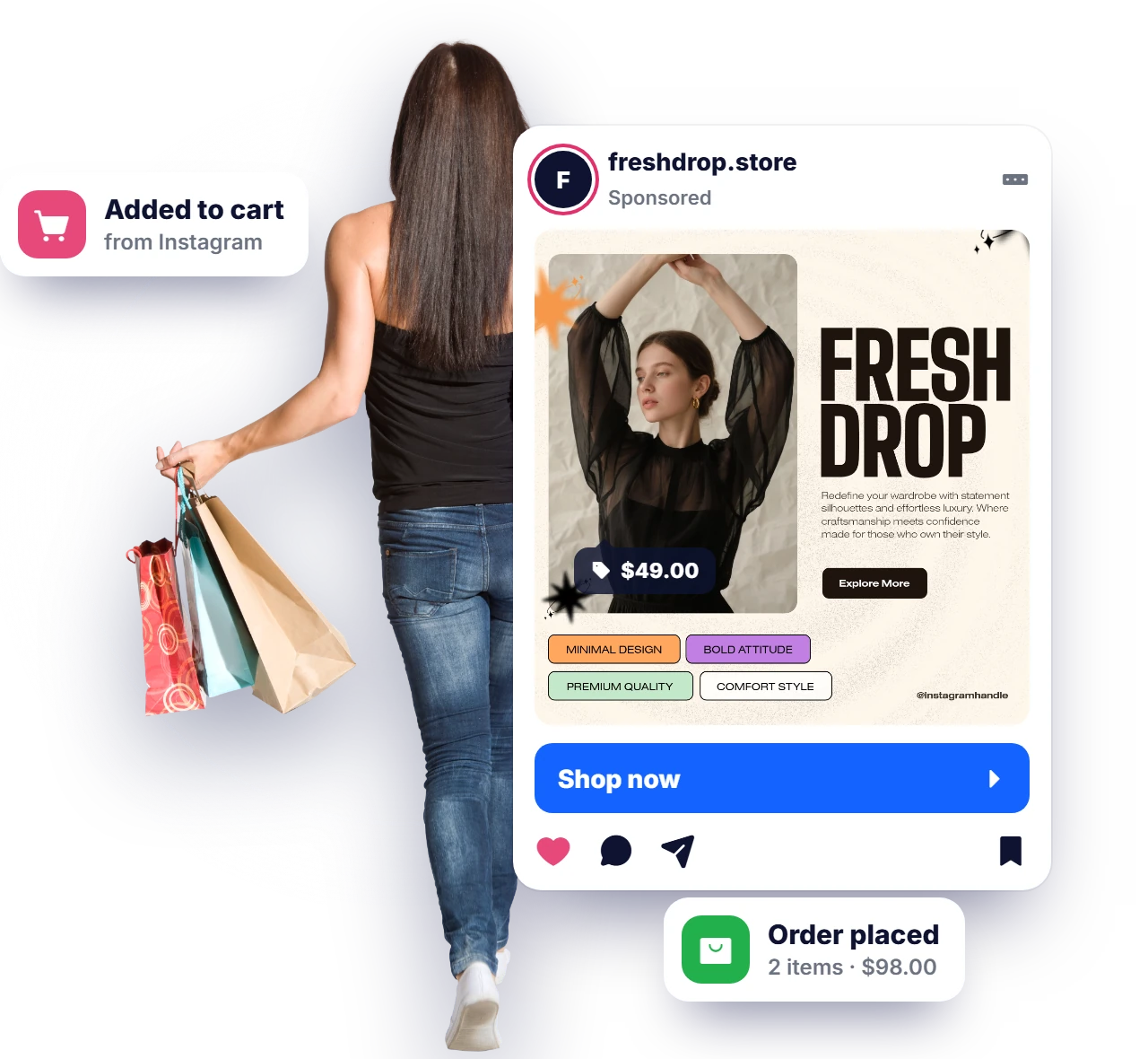 Shopper with bags buying from a sponsored Instagram post: Shop now, added to cart, order placed