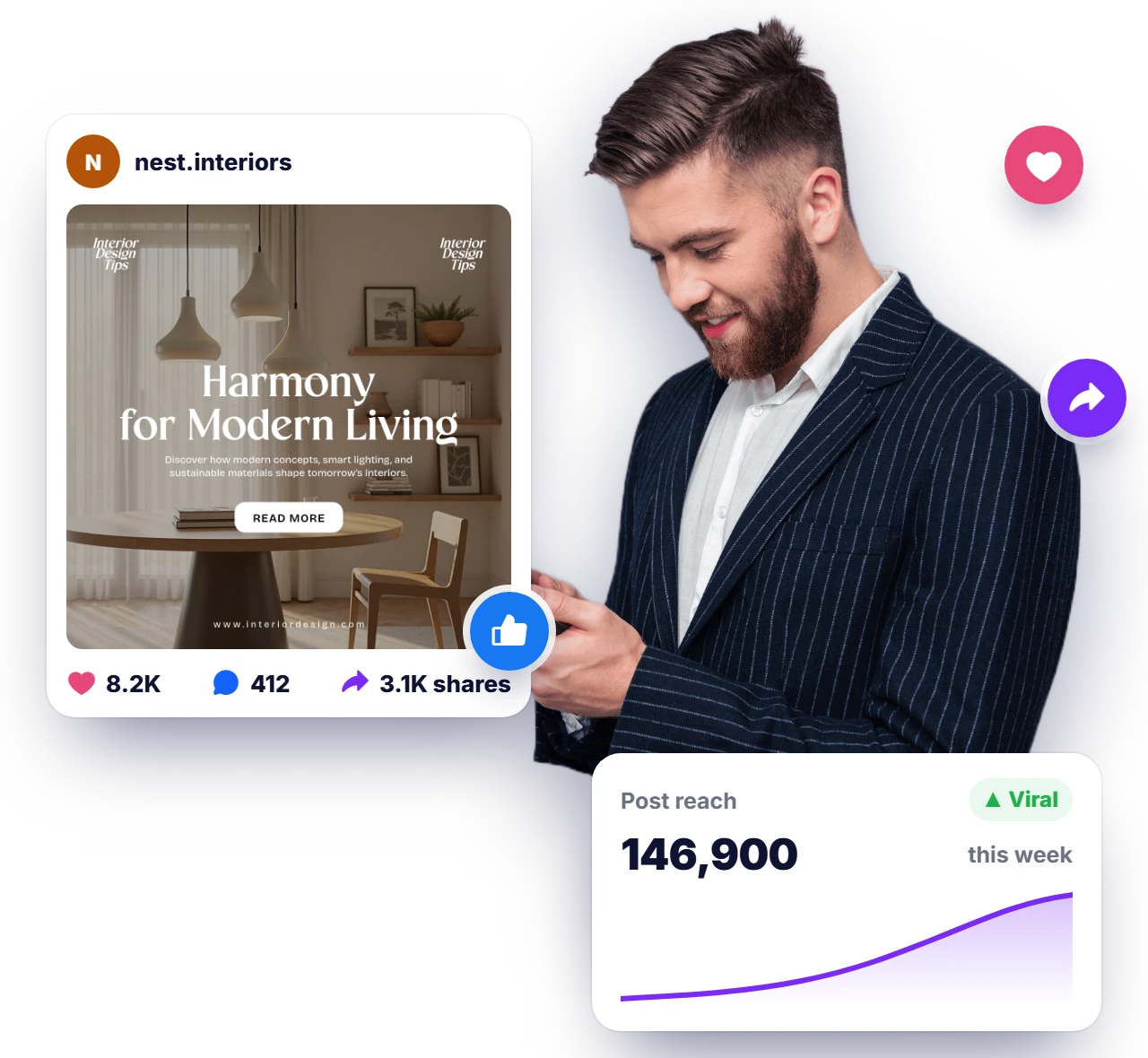 Man on his phone as a shared post goes viral: thousands of likes and shares, reach climbing