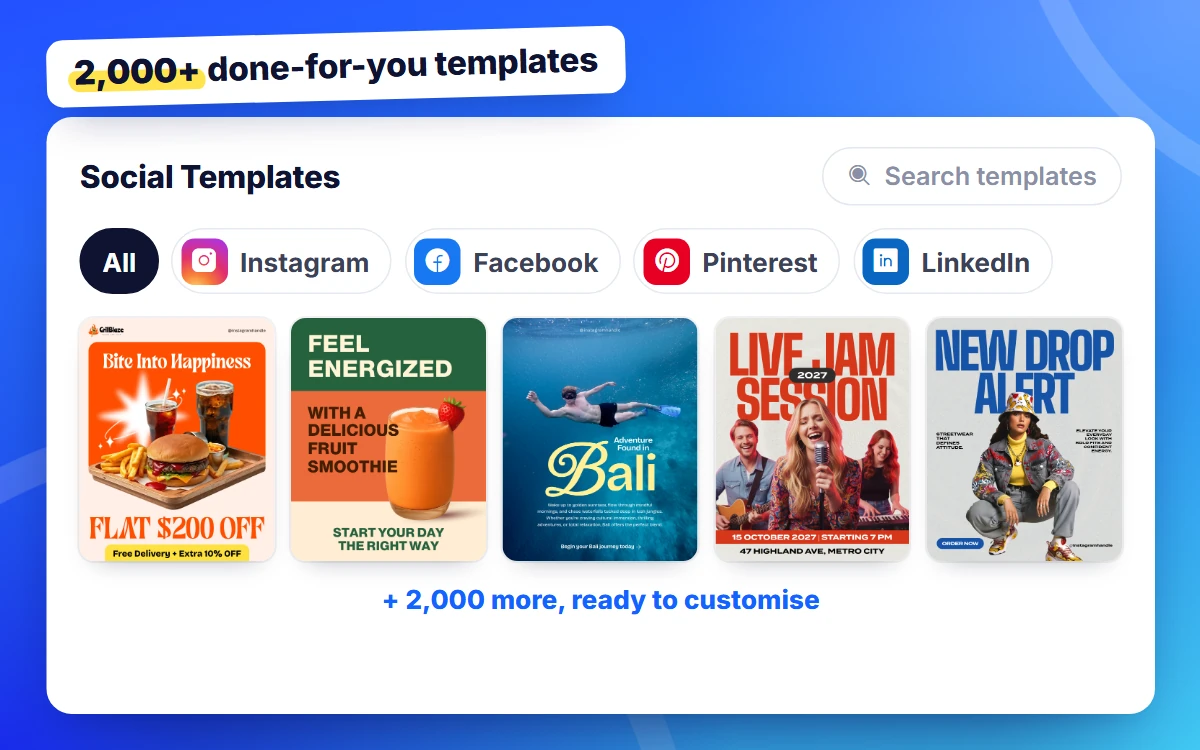 Social template library filtered by platform with 2,000+ ready-to-customise posts