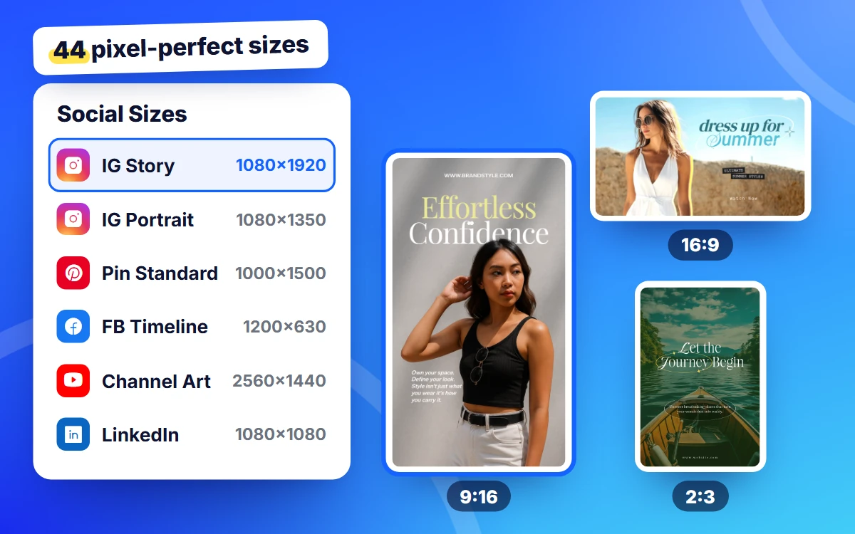 Social size list with exact dimensions next to story, 16:9 and pin previews
