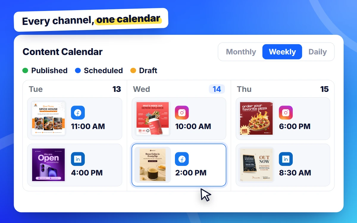 Weekly content calendar with published, scheduled and draft posts