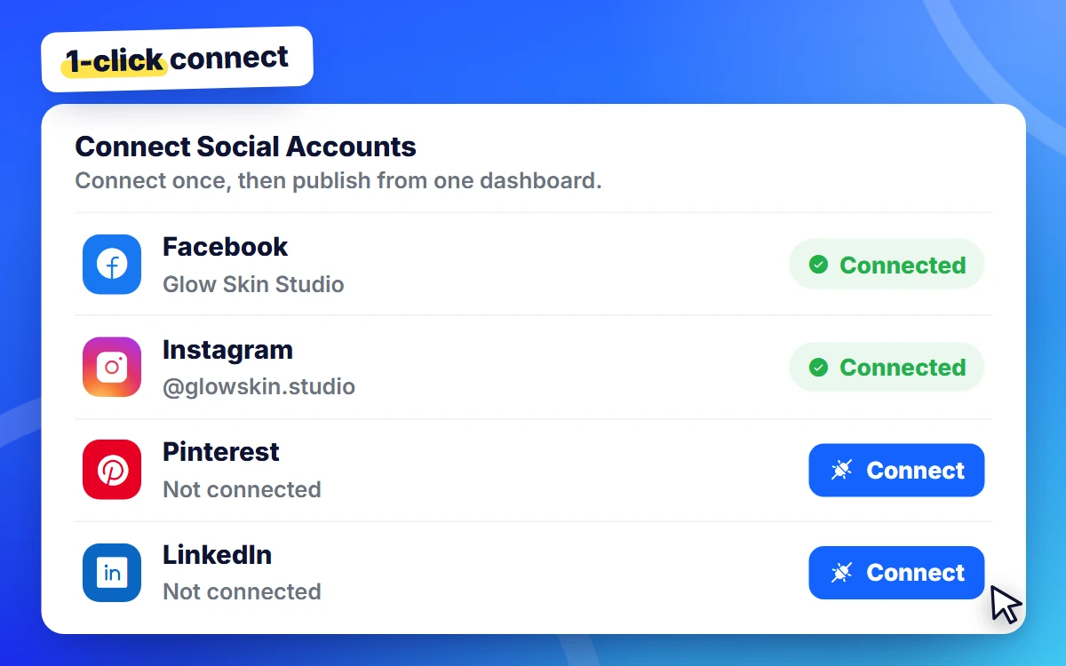 Connecting Facebook, Instagram, Pinterest and LinkedIn accounts
