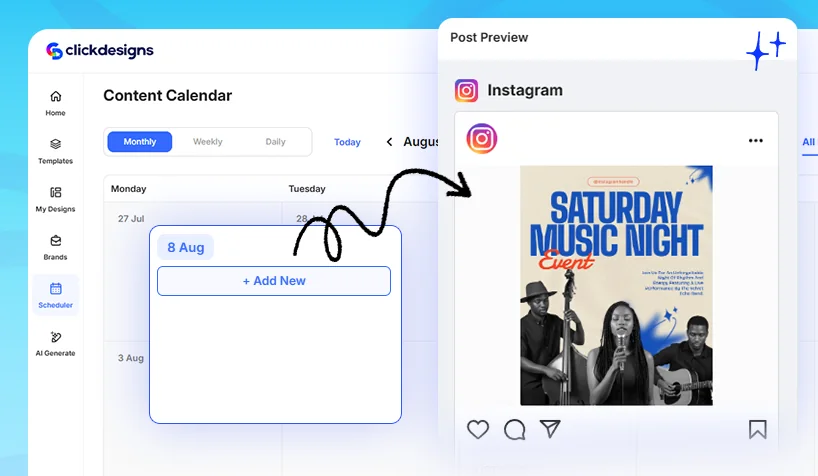 ClickSocials content calendar with an Instagram post preview