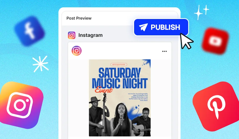 Instagram post preview with a 1-click Publish button and social network icons