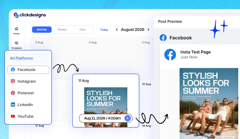 ClickSocials scheduling calendar broadcasting a post to all platforms with a Facebook preview