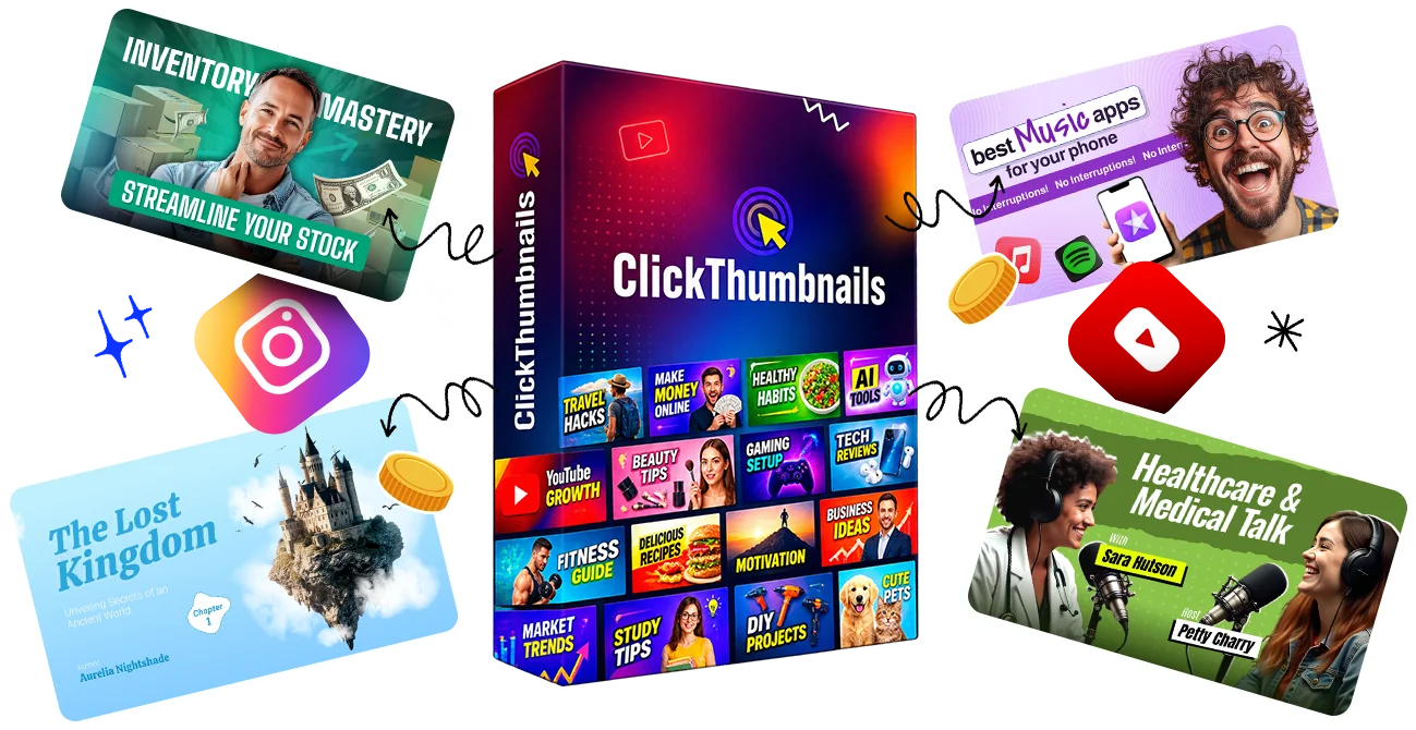 ClickThumbnails box surrounded by YouTube thumbnail designs