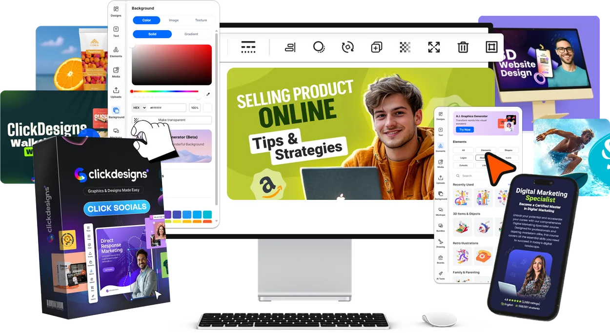 ClickSocials — the ClickDesigns editor, templates and A.I. tools on desktop and mobile