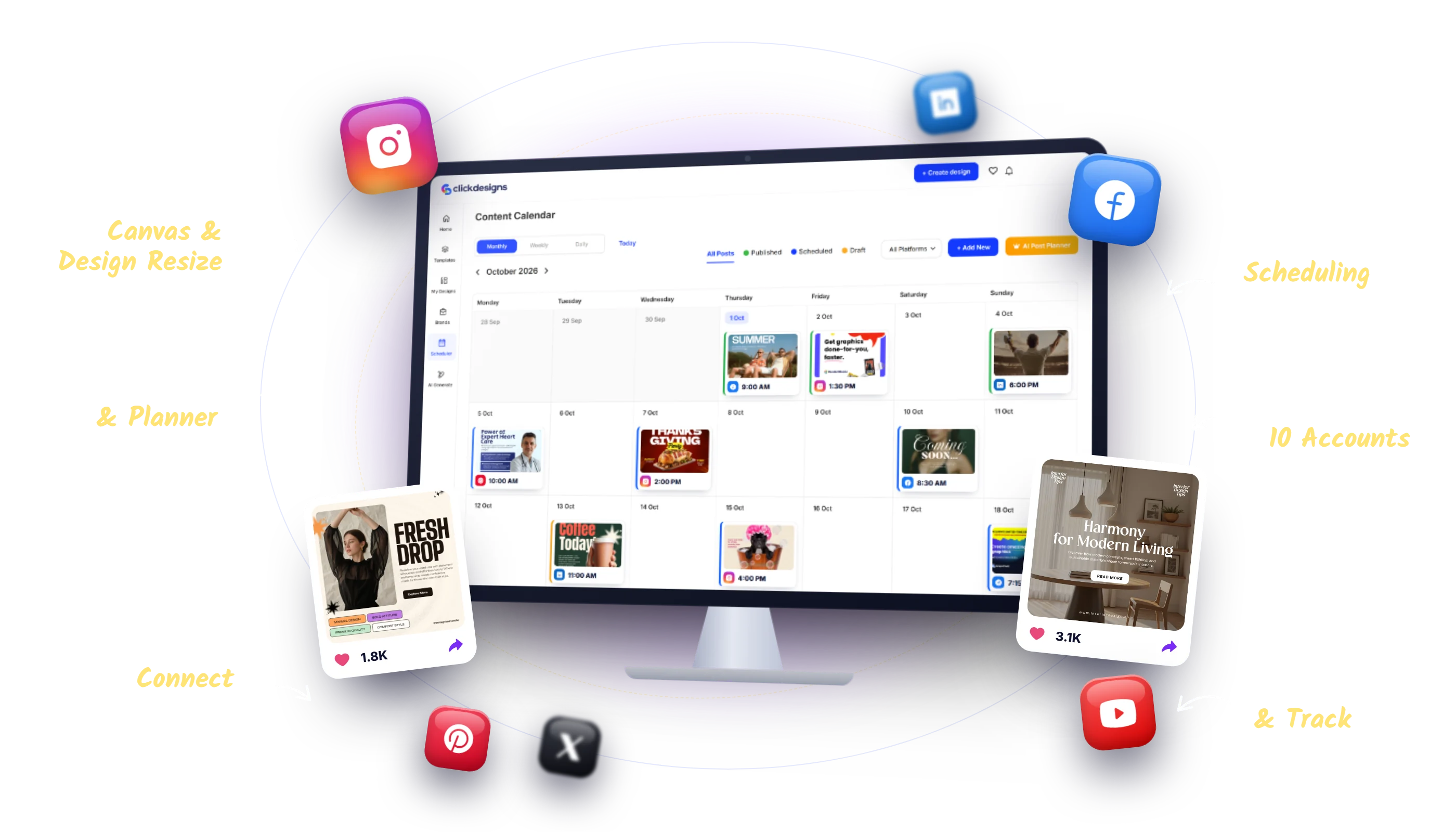 ClickSocials content calendar with notes: 1 Click Canvas & Design Resize, Social Content & Planner, 1 Click Connect to Social Networks, Scheduling & Posting System, Connect 10 Accounts, Click, Share & Track