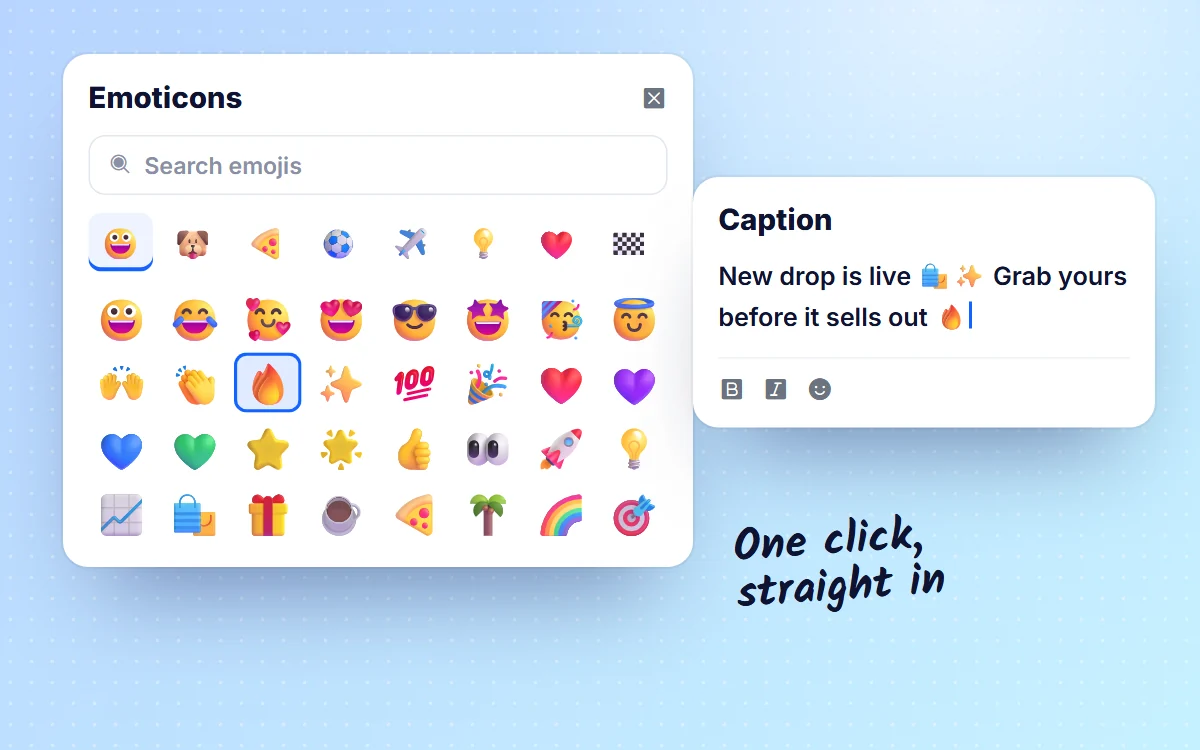 Emoticons picker with categories and search