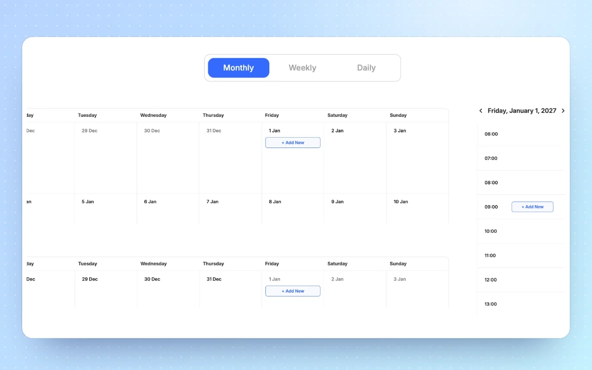 Monthly, weekly and daily calendar views
