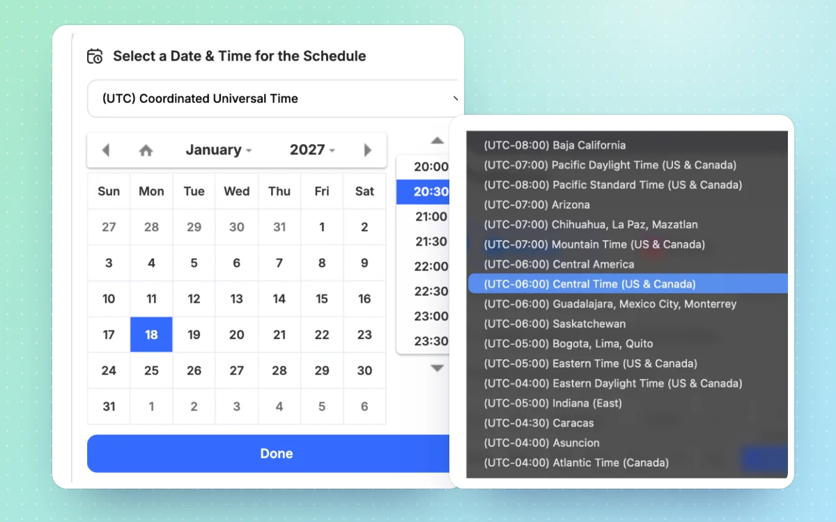 Date and time picker with the global time zone list