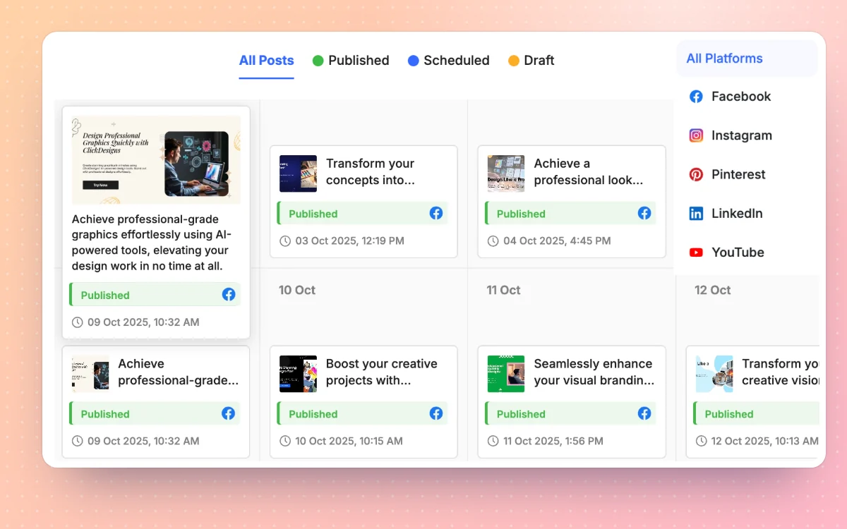 All posts board filtered by status and platform