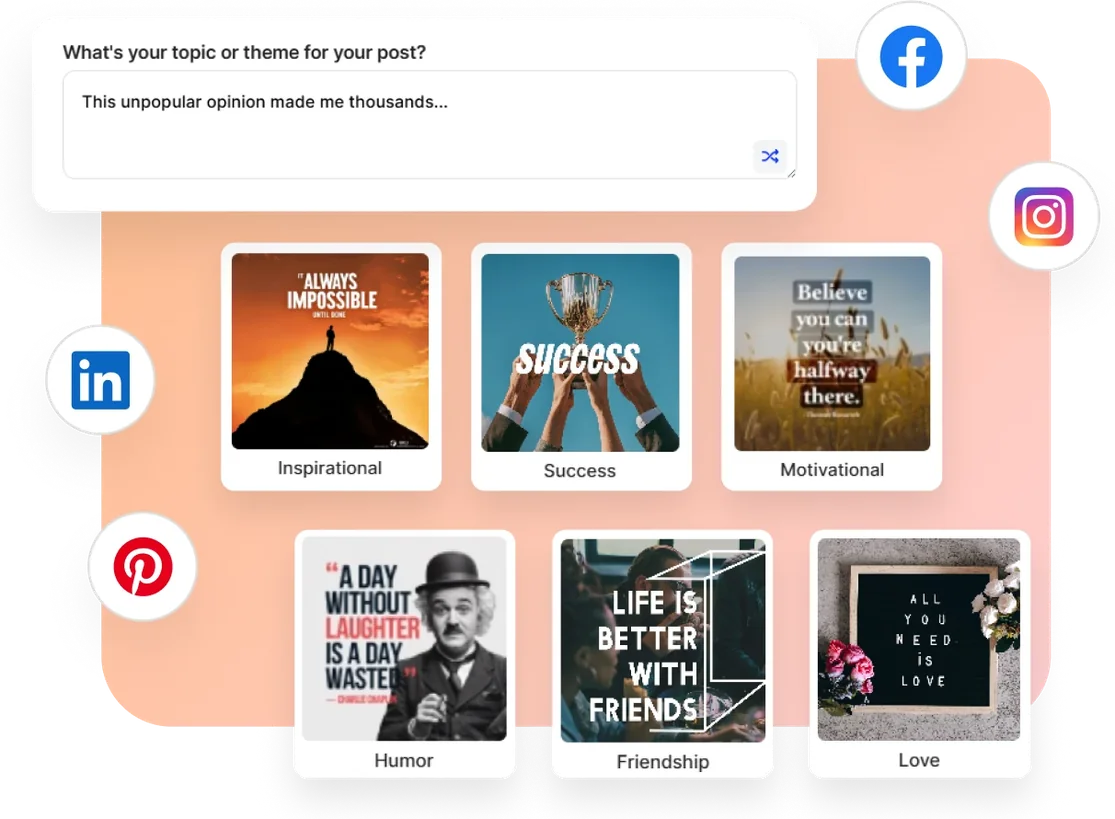 A topic typed into AI Turbo turned into finished quote posts for Facebook, Instagram, LinkedIn and Pinterest