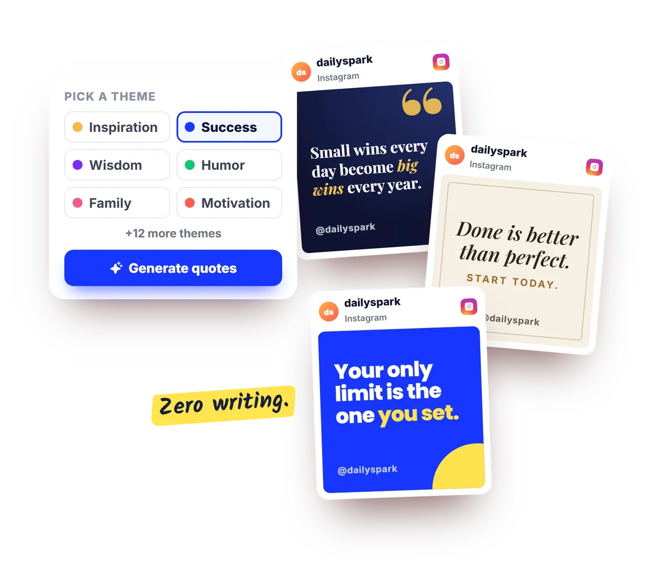 Social Quote Generator: pick a theme such as Success from 18 themes, then three finished quote posts in different designs, ready to post