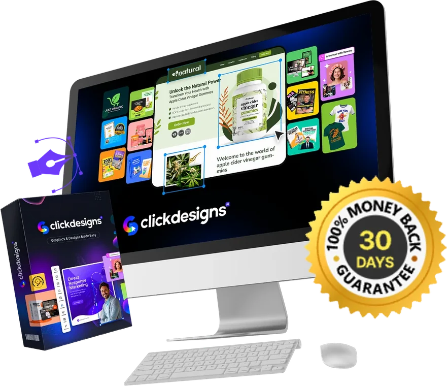 ClickDesigns X on a monitor with product boxes and a gold 30-day 100% money-back guarantee seal