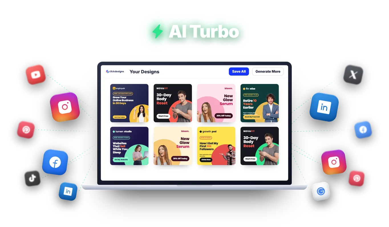 AI Turbo: a laptop full of finished ads for many brands, with Instagram, Facebook, LinkedIn, Pinterest, YouTube, TikTok, X and Google icons bursting out to the left and right