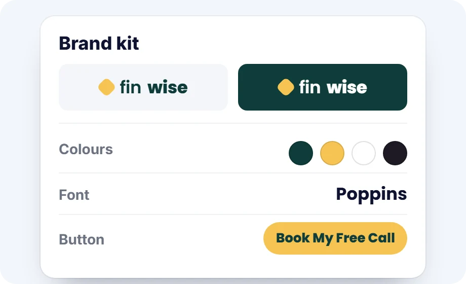 Brand kit with light and dark FinWise logos, brand colours, the Poppins font and the button text