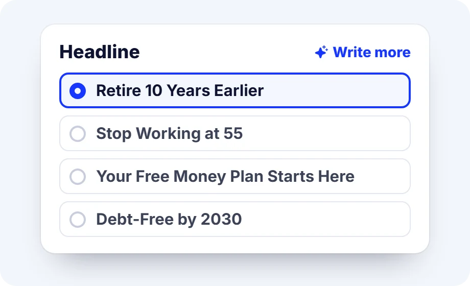 Four AI-written headline options for FinWise with one picked and a Write more link