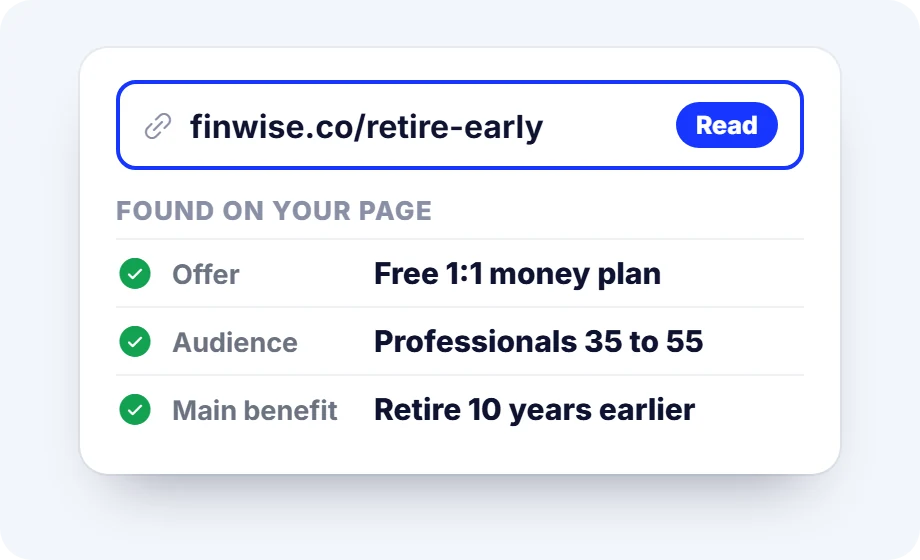 A website URL read by AI, with the offer, audience and main benefit found on the page